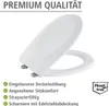A white toilet seat is shown on a white background, with text and icons highlighting its features. Produktbild-Vorschau