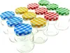 A collection of small glass jars with checkered lids in various colors. Voir les images du produit