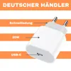 A white USB-C charger adapter is shown with text overlays highlighting its features. Produktbild-Vorschau