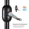Close-up of a crank mechanism on a black umbrella pole, with inset image and text indicating functionality. Produktbild-Vorschau