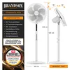 A marketing image showcasing a white Brandson stand fan with its features and dimensions highlighted. Voir les images du produit