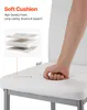 A hand is pressing into the soft cushion of a white chair, with an inset diagram showing the foam layers. Podgląd zdjęcia produktu