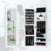 A white jewelry cabinet with a full-length mirror and an open compartment displaying jewelry and cosmetics. Produktbild-Vorschau