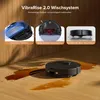 A collage of a robotic vacuum cleaner, highlighting its features and showing it cleaning up a spill on a wooden floor. Produktbild-Vorschau
