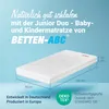 A white mattress with a teddy bear design is shown on a light blue background, with dimensions and certifications displayed. Produktbild-Vorschau