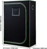A black grow tent with green trim and a small window on the front panel. Dimensions are indicated by measurement lines and text. Produktbild-Vorschau