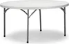 A white round folding table with gray metal legs on a white background. Produktbild-Vorschau