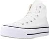 A white Converse Chuck Taylor All Star high-top sneaker with a platform sole is shown against a white background. Voir les images du produit