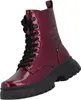 A single red lace-up boot with a black sole and laces, presented against a white background. Náhled obrázku produktu