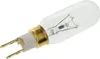 A close-up product shot of a small, clear glass light bulb with a white and gold metal base and two prongs for connection. Anteprima dell’immagine prodotto
