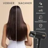 A split image showing a woman's hair before and after using a hairdryer, with the hairdryer and feature icons on the right side. Produktbild-Vorschau