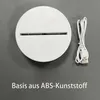A white circular base for a 3D night light and a white USB cable are shown on a gray background. Produktbild-Vorschau