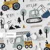 A close-up of a children's fabric pattern featuring construction vehicles like excavators and tractors, along with trees and mountains. Water droplets are visible on the surface. Náhled obrázku produktu