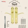 A pair of gold door handles with accompanying hardware, presented against a light beige background with decorative graphic elements. Produktbild-Vorschau