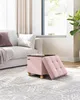 A pink ottoman with a lifted lid sits on a patterned rug next to a white sofa. Náhled obrázku produktu