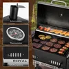A collage of images showing different parts and features of a Royal Gourmet charcoal grill, with some food being cooked on the grill in the main image. Produktbild-Vorschau