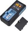 The back of a laser distance measurer with the battery compartment open, showing batteries and a label. Podgląd zdjęcia produktu