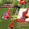 A collage of images showing a cordless electric lawn mower/trimmer in a garden setting, with close-ups of its motor and blade guard. Produktbild-Vorschau