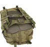 A close-up view of the back of a green military-style backpack. Voir les images du produit
