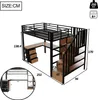 A loft bed with a desk and stairs, showing dimensions. Voir les images du produit