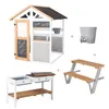 A collage of children's outdoor play items: a playhouse, a water dispenser, a play kitchen, and a picnic table with benches. Anteprima dell’immagine prodotto