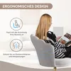 A woman is sitting in a chair and reading a magazine. The chair is gray and has a decorative backrest. There are graphics on the left side of the image highlighting the ergonomic features of the chair. Produktbild-Vorschau