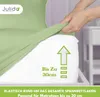 A hand is shown stretching a green fitted sheet over a white mattress. There is text and a logo in the image. Produktbild-Vorschau