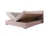 A pink upholstered bed frame with its storage compartment open, showing the internal space and lifting mechanism. Produktbild-Vorschau