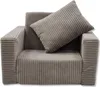 A close-up studio shot of a beige corduroy children's armchair with a matching cushion. Produktbild-Vorschau