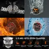 Collage of a smartwatch in different extreme environments: being hit, submerged in water, in fire, and in ice. Includes military grade certification and feature icons. Produktbild-Vorschau