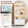A white bookshelf with LED lighting, shown with decorative items and books. A smaller inset image shows a close-up of the LED lighting controls and a portion of the bookshelf. Produktbild-Vorschau