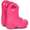 A pair of bright pink Crocs rain boots for kids. Produktbild-Vorschau
