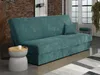 A teal corduroy sofa bed is shown in a living room setting with a small side table and a rug.