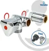 A chrome-plated plumbing valve with attached fittings and red O-rings, set against a light gray and white background with a brand logo and additional text. Produktbild-Vorschau