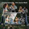 A digital camera displaying a photo of people having a barbecue, with a promotional text overlay. Produktbild-Vorschau
