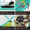 Collage of images showing features of an inflatable airtrack mat, including handles, valve, velcro strips, and an electric pump. Produktbild-Vorschau