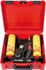 A red plastic case containing a torch, two gas canisters, and other accessories. Produktbild-Vorschau