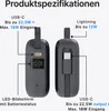 Product specifications and features of a power bank are displayed with diagrams and text. Produktbild-Vorschau