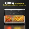 A black air fryer with food inside, showing cooking process with arrows and text. Produktbild-Vorschau