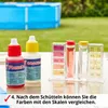 Pool water testing kit components and a partially visible pool in the background. Produktbild-Vorschau