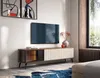 A modern living room with a TV stand, TV, artwork, and a window. Produktbild-Vorschau