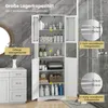 A white bathroom cabinet is shown in a bathroom setting, with various toiletries and towels displayed inside. The cabinet doors are open, revealing the shelves and their contents. There are also callouts and text overlays highlighting features and dimensio Produktbild-Vorschau