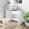 A white desk with a laptop and books, next to a chair and a plant, in a room with a floor lamp and a picture on the wall. Podgląd zdjęcia produktu