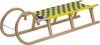A wooden sled with a woven yellow and blue seat, shown against a white background. Produktbild-Vorschau