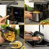 A collage of four images showcasing an air fryer and its features, including its control panel, cooking process, food preparation, and cleaning. Produktbild-Vorschau
