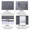 Collage of four images showing features of a storage bag: fabric texture, handle, zipper, and a clear window with stored items. Text descriptions highlight the features. Produktbild-Vorschau