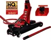 A red and black hydraulic car jack with a detachable handle and a close-up of a rubber pad. Produktbild-Vorschau