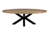 A product shot of an oval dining table with a wooden top and a black, star-shaped base, isolated on a white background. Voir les images du produit