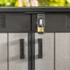 A close-up view of a storage cabinet's doors, showing the handles and a padlock securing the latch. Anteprima dell’immagine prodotto