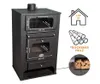 A black wood-burning stove with dimensions and usage information displayed. Produktbild-Vorschau